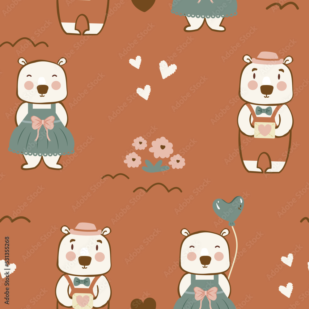 Seamless pattern of cute couple bears on brown nude background. Creative childish prints flat illustration for fabric, textile, home, nursery, wallpaper, packaging, decoration, children apparel.