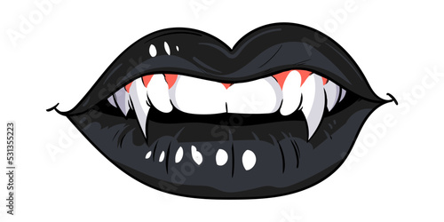 Sexy female lips with fangs. Girl vampire teeth. Black lips. Hand drawing illustration isolated on white background. Vector EPS 10