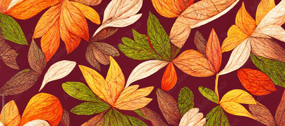 Autumn leaves pattern with exotic leaves on red background. 3D illustration