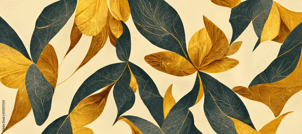 Gold and green leaves pattern on white background. 3D illustration Gold and green leaves pattern on white background. 3D illustration