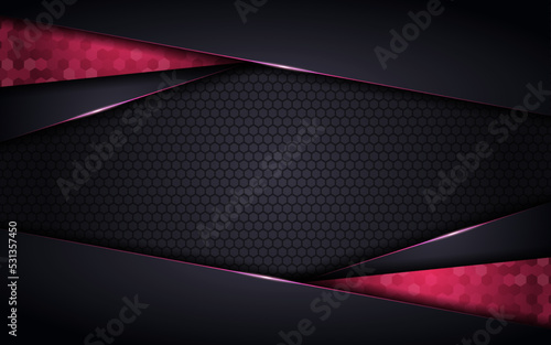 Abstract 3D Overlap Modern Dark Textured Hexagon Background with Glowing Pink