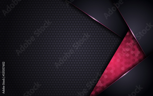 Abstract 3D Overlap Shapes Modern Dark Textured Hexagon Background with Glowing Pink Line