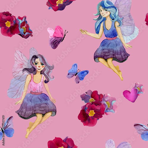  Magic illustration for child take. Watercolor pattern with flower fairies and flowers. Floral princess and lavender flowers background. Watercolor illustration for printing on fabric, textile, paper.