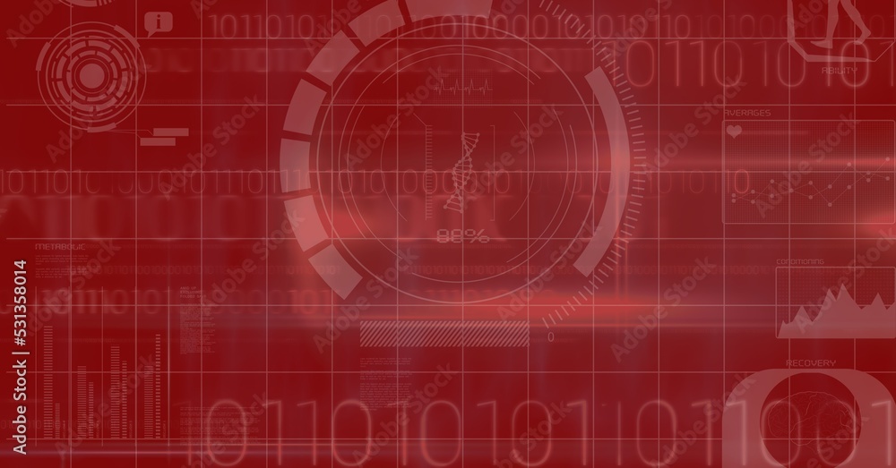 Digital illustration of a scope scanning, data processing, statistics showing on red background