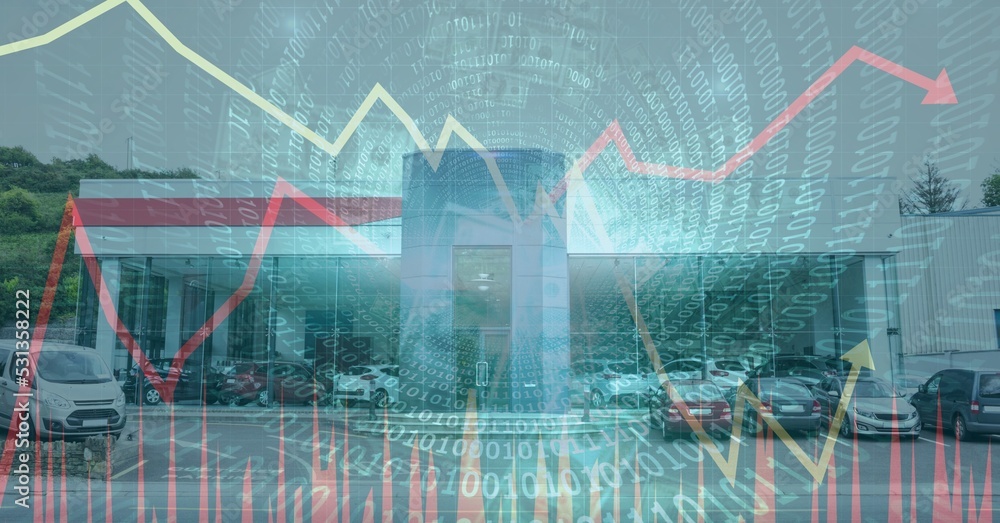 Data processing and graphs with cars dealerships in background Data processing and graphs with cars dealerships in background