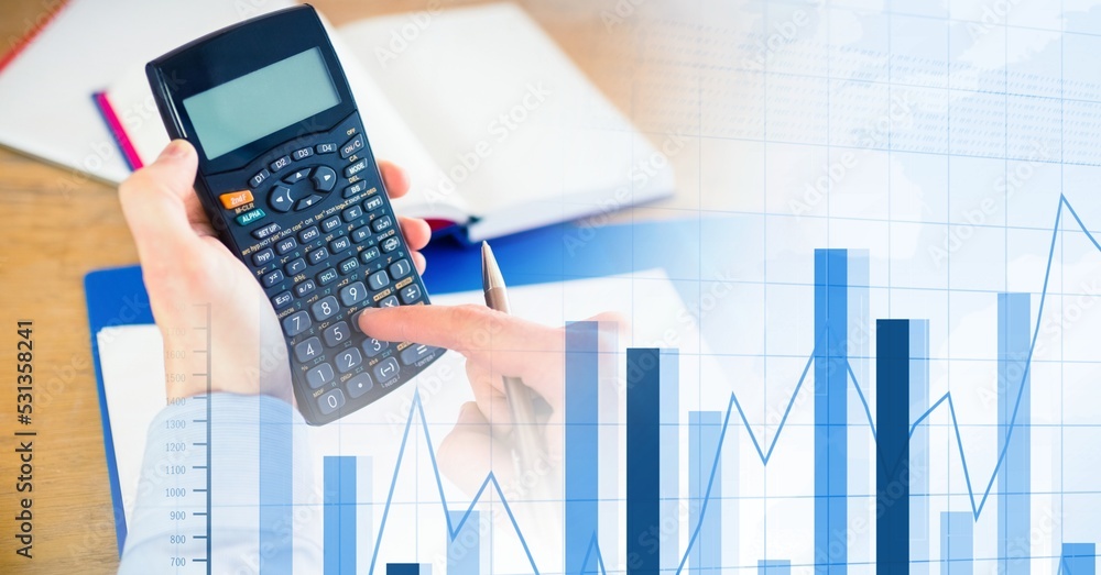 Digital illustration of Caucasian male hands calculating over statistics Digital illustration of Caucasian male hands calculating over statistics