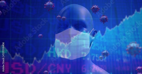 Covid-19 cells and stock market data processing against 3D human head model wearing face mask © vectorfusionart