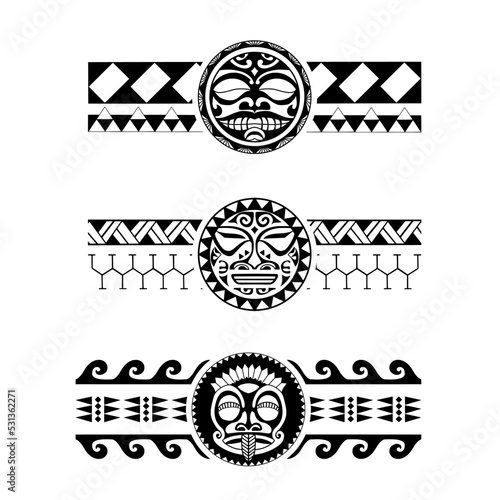 Polynesian armband tattoo stencil set. Pattern samoan. Black and white texture. Vector illustration