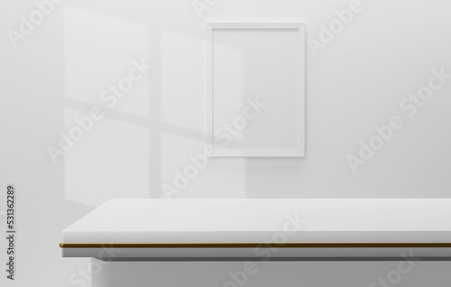 Empty white table with gold border with room wall backdrops