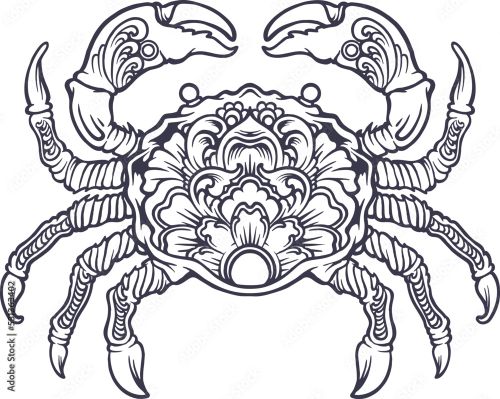 Vintage elegant ornament crab monochrome Vector illustrations for your work Logo, mascot merchandise t-shirt, stickers and Label designs, poster, greeting cards advertising business company or brands.