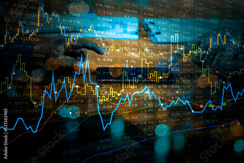 Double exposure of Stock market or forex trading graph for financial investment concept. Economy trends background for business idea and all art work design. Abstract finance background.
