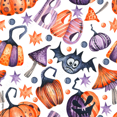 Seamless watercolor pattern. Halloween. Hand-drawn stylized purple and orange pumpkins, bat, mushrooms, stars and confetti on a white background. Design for wrapping paper, fabric printing