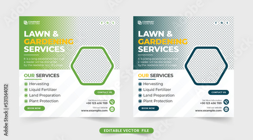 Lawn and gardening social media post vector for marketing. Landscaping and farm management service web banner with green and blue colors. Agro farming service social media template design.