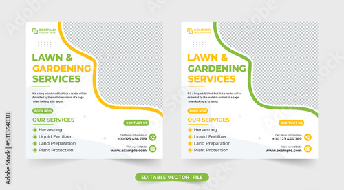 Lawn mower service social media template design for business promotion. Gardening and landscaping service web banner vector with abstract shapes. Agro and farming business advertisement template.