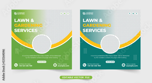 Farm management service social media post vector. Agro farm and landscaping business web banner design with yellow and green colors. Harvesting and gardening service advertisement template vector.