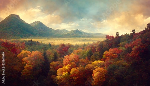絵画 イラスト 秋 紅葉 山 自然 森 風景