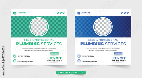 Professional plumbing service social media post vector for business advertisement. Corporate Plumber and handyman web banner template with blue and green colors. Plumbing business marketing template.