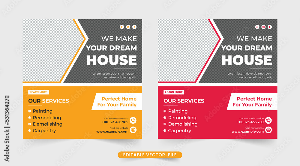 Construction and renovation business social media post vector. Construction and home-making business template for social media promotion. Home repair service and building construction web banner.