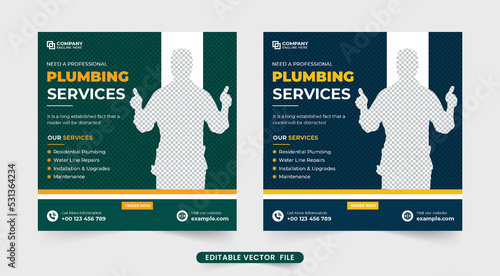 Modern plumbing service and Handyman hiring web banner with blue and green colors. Plumber business promotional template design for social media marketing. Professional plumber business template.