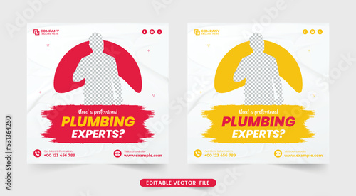 Creative plumber hiring promotional template for social media marketing. Plumbing and handyman service web banner design with abstract shapes. Professional home maintenance business advertisement.