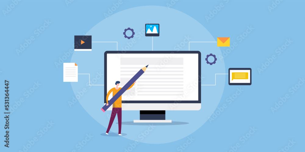 Digital content strategy. Man holding big pencil in hands and standing front on computer screen with marketing elements. Digital content strategy. Man holding big pencil in hands and standing front on computer screen with marketing elements.
