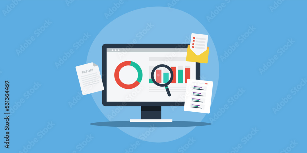 SEO report on computer screen, search engine ranking analytics and web traffic data monitoring concept. SEO report on computer screen, search engine ranking analytics and web traffic data monitoring concept.