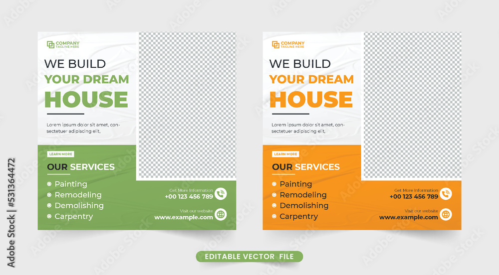 Modern house-making business advertisement poster design with green and yellow colors. Real estate service and construction business social media post vector. Home repair service template. Modern house-making business advertisement poster design with green and yellow colors. Real estate service and construction business social media post vector. Home repair service template.