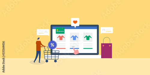 Ecommerce web store, customer with trolley buys online products with credit card, internet shopping concept.