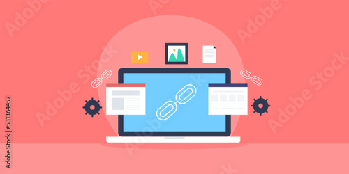 Link building strategy, link on computer screen between two websites, digital marketing concept.
