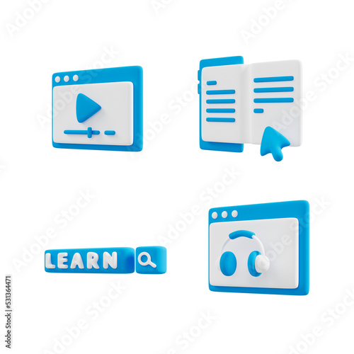 3D icons related to online learning and education. Includes symbols such as media devices and online education. © Blender3DIcon