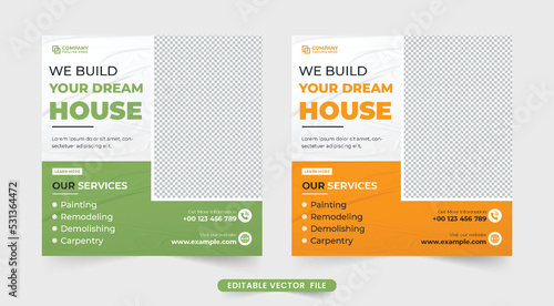 Modern house-making business advertisement poster design with green and yellow colors. Real estate service and construction business social media post vector. Home repair service template.