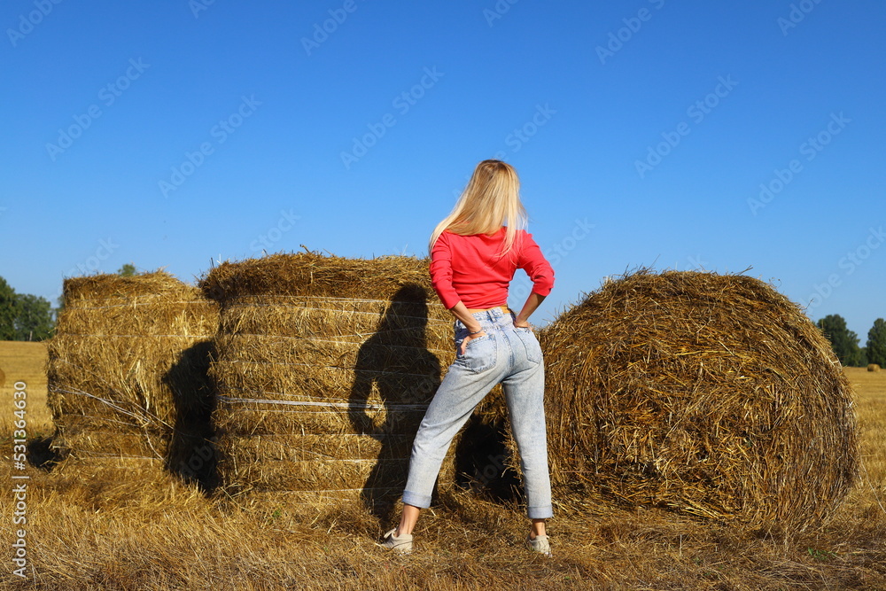 Beautiful young girl posing on a haystack. Sexy slim blonde relaxes in the autumn field at sunset. Beautiful young girl posing on a haystack. Sexy slim blonde relaxes in the autumn field at sunset.