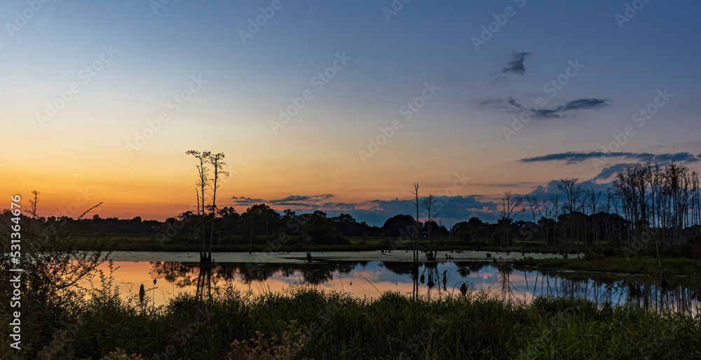 Colorful sunset over a pond landscape