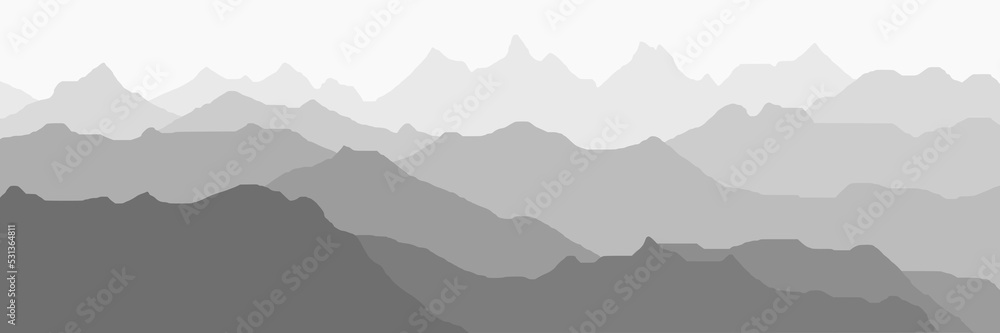 Mountain ranges in the morning haze, black and white landscape, banner