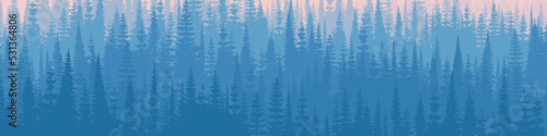 Coniferous forest in the morning haze, banner