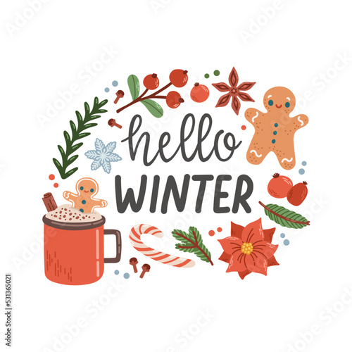 Hello winter phrase with wreath lettering vector