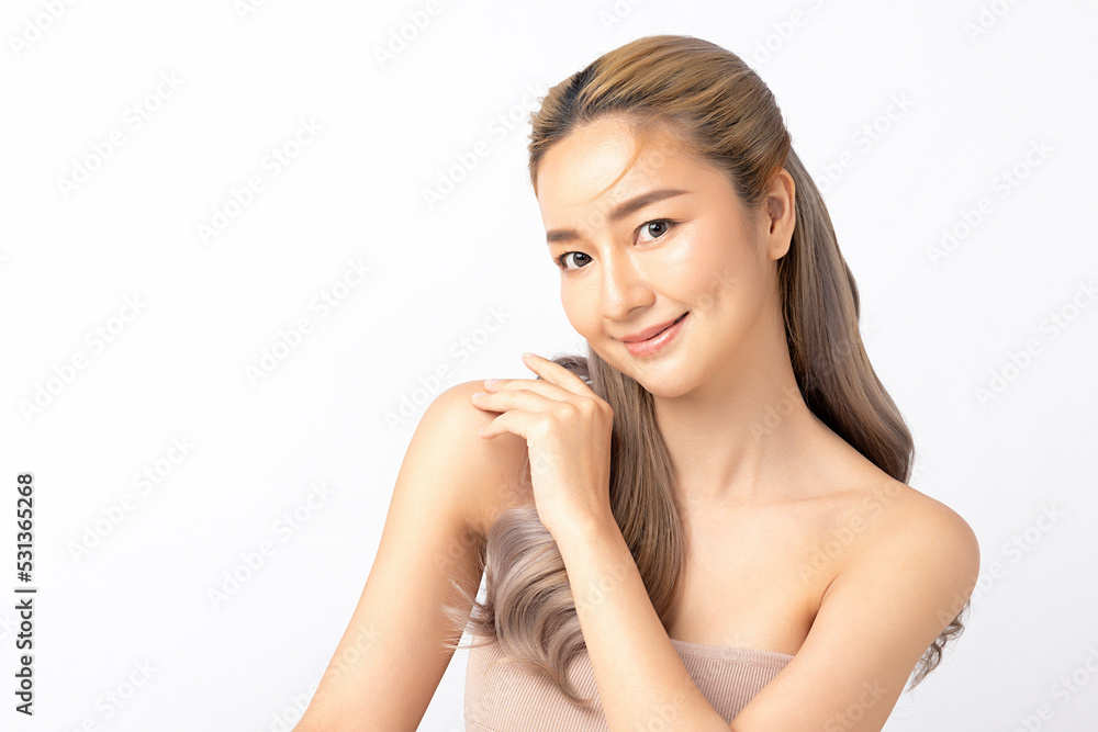 Happy beautiful young asian woman clean fresh bare skin concept. Asian girl beauty face skincare and health wellness, Facial treatment, Perfect skin, Natural make up. Isolated on white background. Happy beautiful young asian woman clean fresh bare skin concept. Asian girl beauty face skincare and health wellness, Facial treatment, Perfect skin, Natural make up. Isolated on white background.