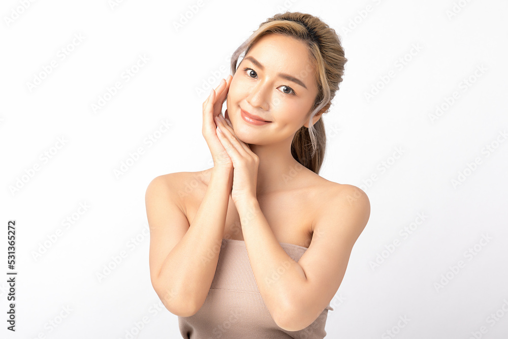 Happy beautiful young asian woman clean fresh bare skin concept. Asian girl beauty face skincare and health wellness, Facial treatment, Perfect skin, Natural make up. Isolated on white background. Happy beautiful young asian woman clean fresh bare skin concept. Asian girl beauty face skincare and health wellness, Facial treatment, Perfect skin, Natural make up. Isolated on white background.