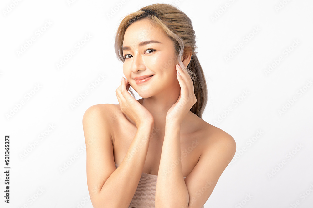Happy beautiful young asian woman clean fresh bare skin concept. Asian girl beauty face skincare and health wellness, Facial treatment, Perfect skin, Natural make up. Isolated on white background. Happy beautiful young asian woman clean fresh bare skin concept. Asian girl beauty face skincare and health wellness, Facial treatment, Perfect skin, Natural make up. Isolated on white background.
