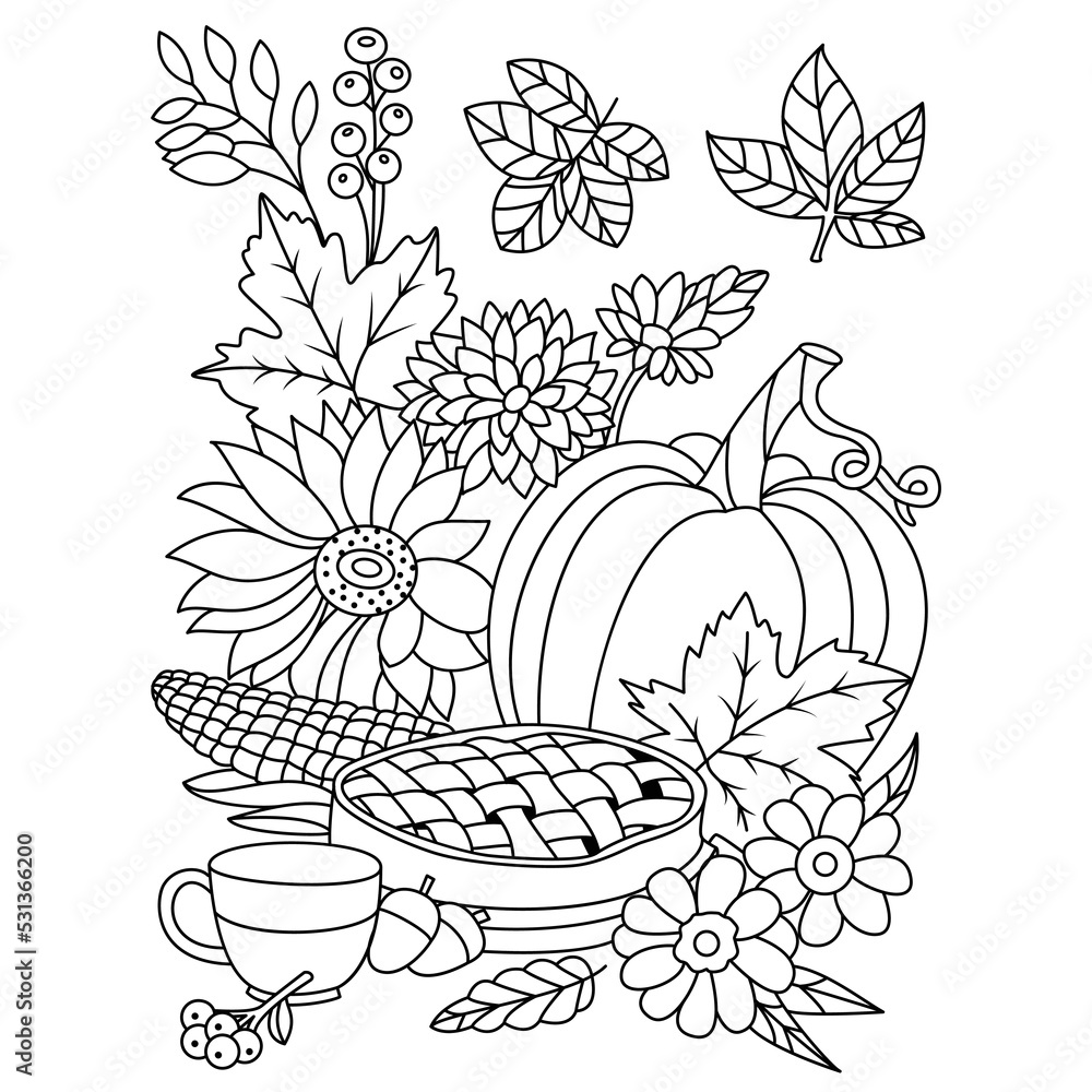 Autumn harvest vegetable pumpkin corn acorn flowers Autumn Fall season coloring illustration pages Autumn harvest vegetable pumpkin corn acorn flowers Autumn Fall season coloring illustration pages