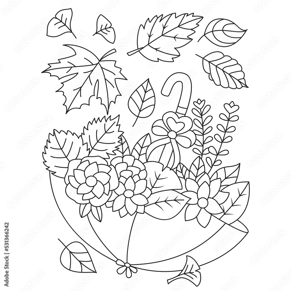Umbrella full of autumn leaves and flowers gift maple leaves Fall season coloring pages