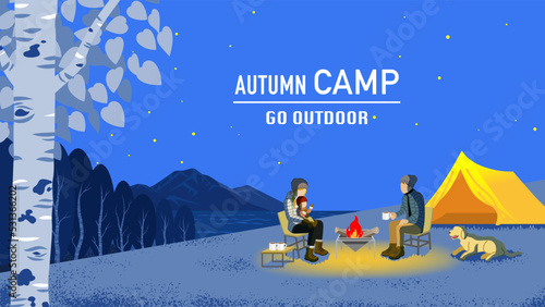 Young family and their dog enjoying night camp in autumn - Included words