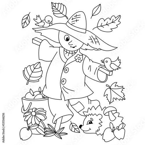 Cute straw scarecrow with hat hedgehog bird apple basket autumn fall season coloring illustration photo