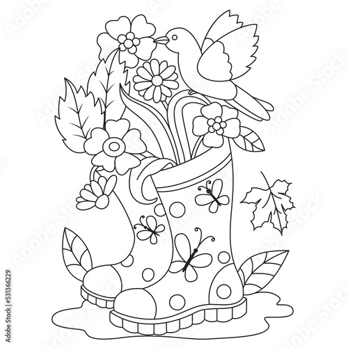 Bird on the colorful decorative boot flowers butterfly maple leaf Autumn Fall season coloring pages