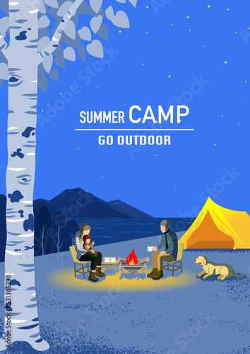 Young family and their dog enjoying night camp in autumn - Vertical, Included words
