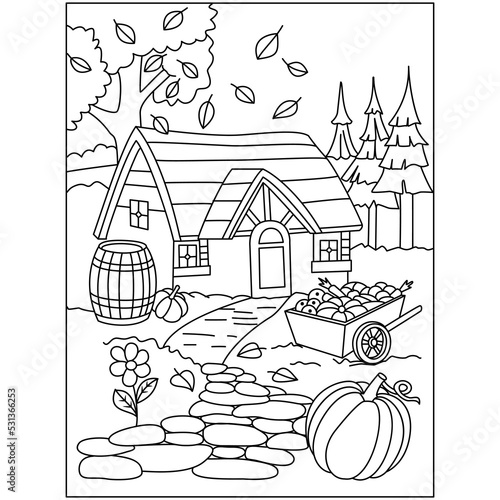 autumn houses sceen fall harvest vegetable fruits with the background trees season coloring pages