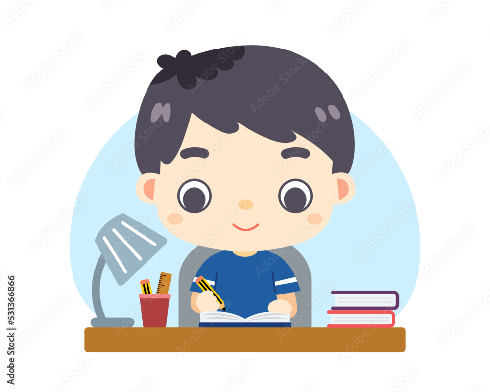 Cute boy kid studying in front of desk