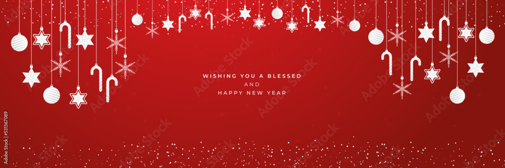 Hanging christmas icons and new year greeting wide banner background