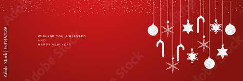 Hanging christmas icons and new year greeting wide banner background