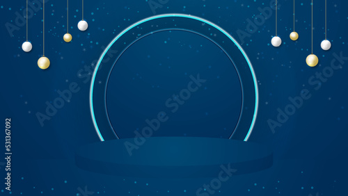 Merry christmas and happy new year banner with festive decoration podium and copy space